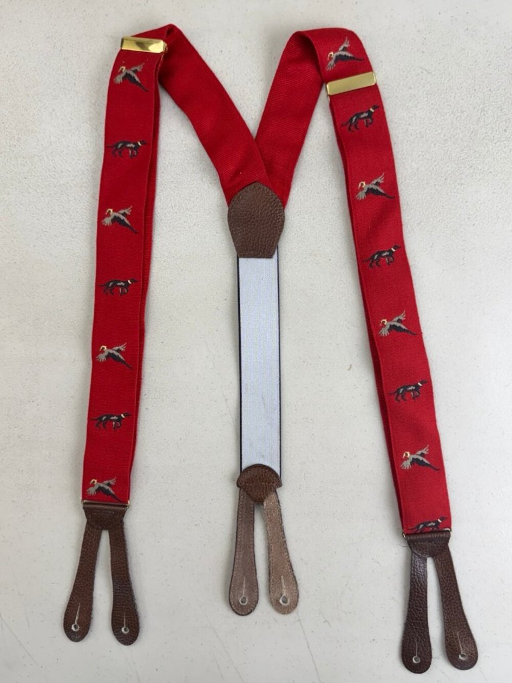 Vintage Duck Hunting & Dog Embroidered Red Suspenders 70s Adjustable One Size Fi